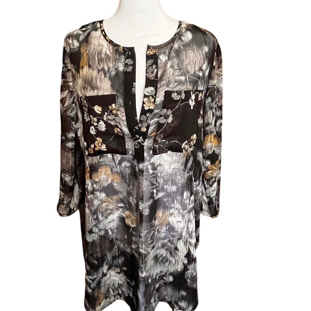 Figueroa & Flower Womens Small Grey Floral Metallic Stripe Tunic Top Split Neck